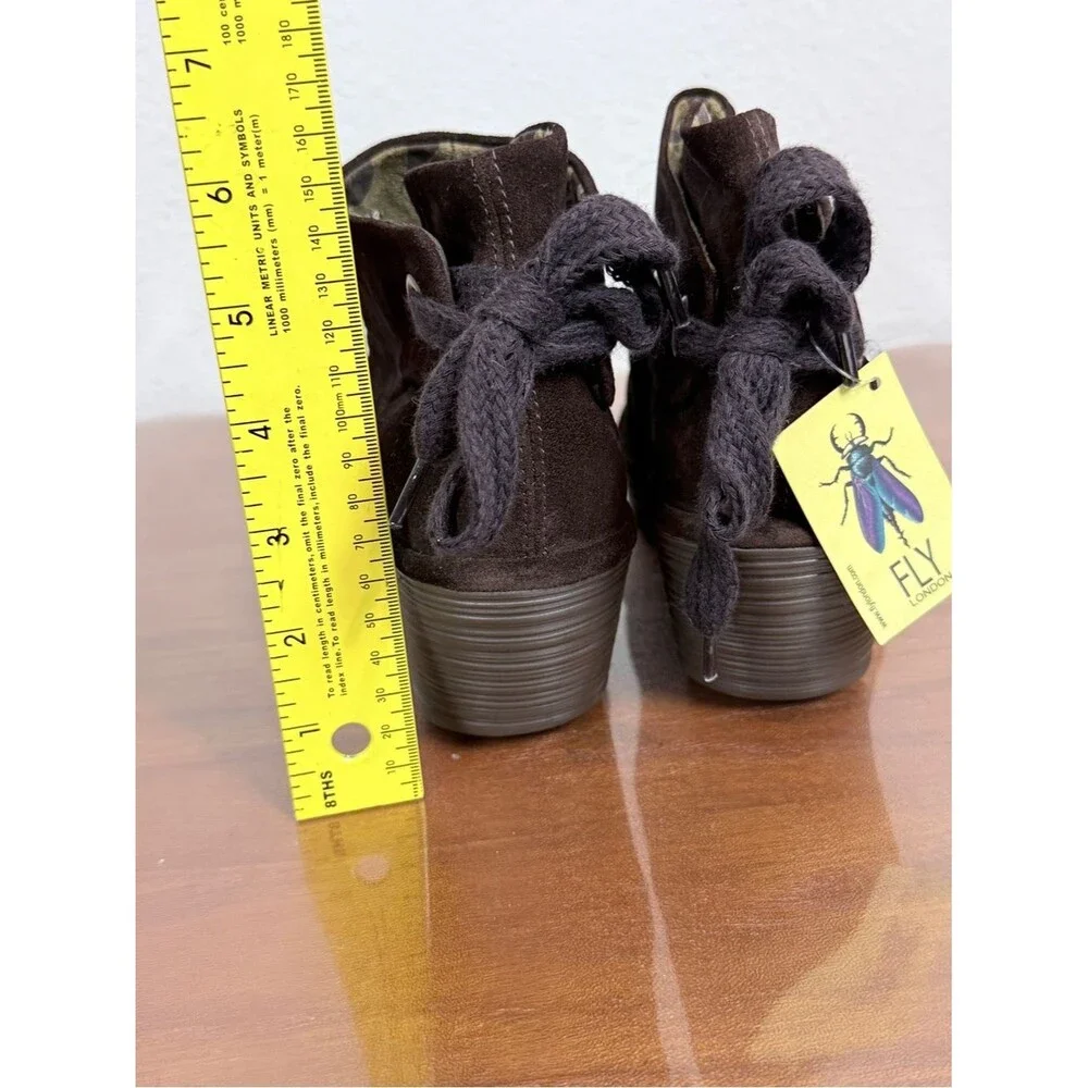 Fly London Yama Dark Brown Suede Wedge Ankle Booties with Back Tie 38